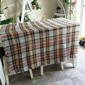 Plaid grey, tan, orange, yellow, brown white knit 51” squared fall scarf 🪾